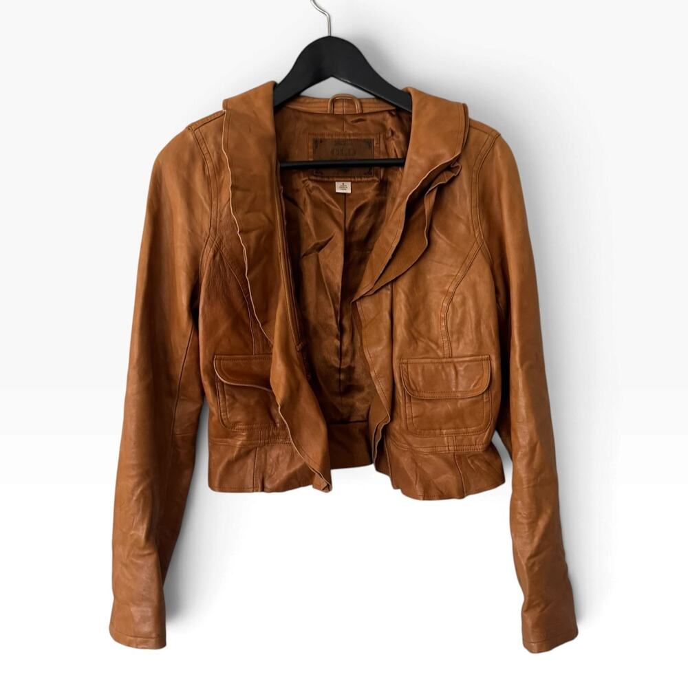Old Navy Womens S Genuine Leather Jacket Caramel Brown Ruffle Y2K Boho
